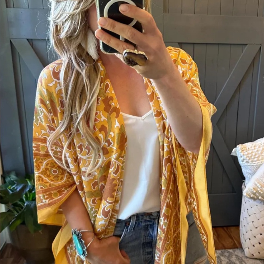 New Boho Lightweight Mustard Cardigan Kimono Top Cover Up Oversized Beach Denim - Picture 6 of 9